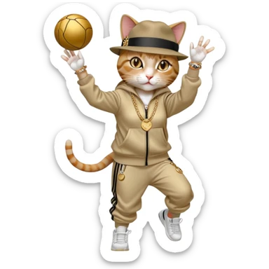 female cat wearing Run DMC hip-hop outfit with tracksuit, fedora, Adidas sneakers, many gold chains, rings, bracelets, flashy earrings, reaching up and catching a ball high in the air, no sunglasses sticker