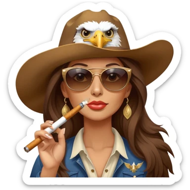 Country woman in cowboy hat with long brown hair with sunglasses with bald eagle on her shoulder and a cigarette in her mouth  sticker