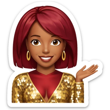 Kelly Rowland from Destiny's Child with dark red hair, gold sequin outfit sticker