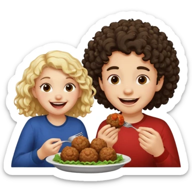 Ragazza bionda leggermente riccia che ride ad un ragazzo con i capelli ricci scuri mentre mangia polpette sticker