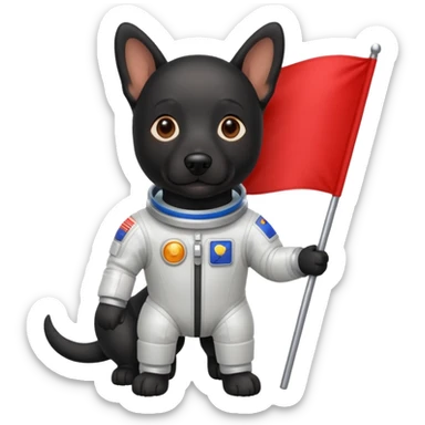 black dog standing in space suit holding red rectangle flag sticker