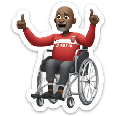old black bald man with a round belly in wheelchair. angry face. grey stubble. he is pointing finger in front. wearing Arsenal soccer shirt. a speech bubble with the word: "Mojdeh!" sticker