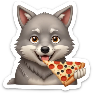 a sitting surprised grey wolf eating a piece of pizza emoji sticker