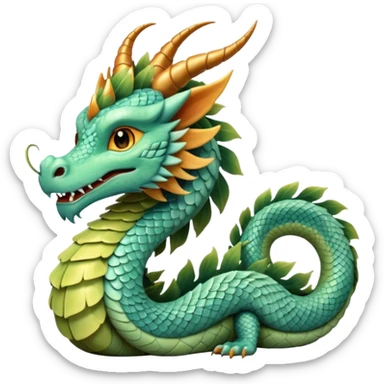  serpent dragon. Slim, serpentine body with smooth scales in soft blues and greens. Fluffy leaf plumes replace the tail fins, and a terracotta crown-like crest adorns its head. Gentle amber eyes. it should be similar to traditional chinese dragons. sticker