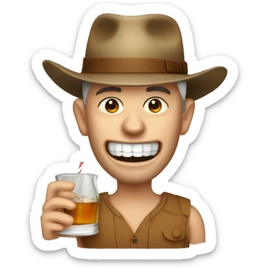 Man with missing teeth, whiskey jug and straw hat sticker