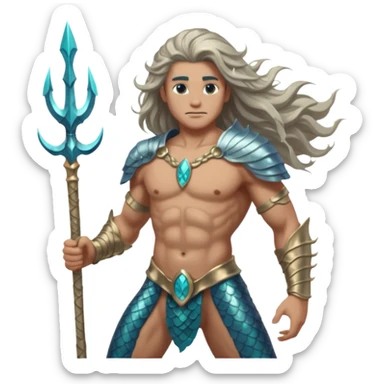 portrait of a muscular merman warrior with dark aqua scales, silver armor pieces on shoulders and arms, holding a glowing trident, stern expression, long flowing hair, underwater battle stance sticker