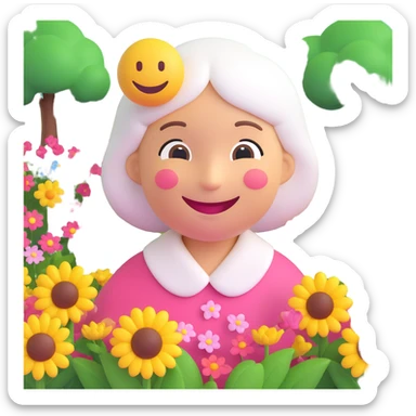 3D smiley emoji, round shape, grandmother in a flower garden, yellow color, smiling face sticker