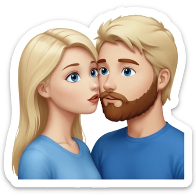 Long-pale-blonde hair, beautiful girl with blue eyes facing, kissing reddish-brown hair-beard boy blue eyed white guy sticker