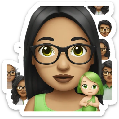 Black long straight hair, green eyes and glasses, big lips white girl holding one year old green eyes white baby boy sticker