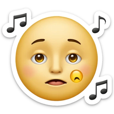 yellow circle face emoji whistling with music notes coming out its mouth and side-eyeing sticker