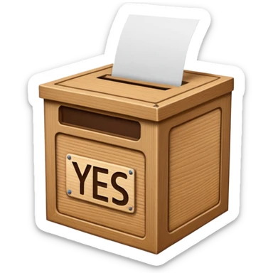 Vote box with "yes but" aber' written on the front and paper entering the top slot sticker