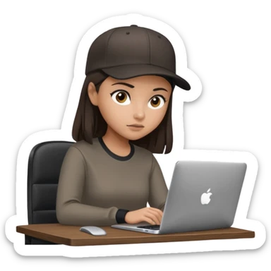 A professional 3D avatar of a young woman with olive skin and long, dark brown hair, wearing a dark, long-sleeved dark taupe shirt and a black baseball cap. She's sitting at a sleek wooden desk, typing on a silver MacBook. sticker