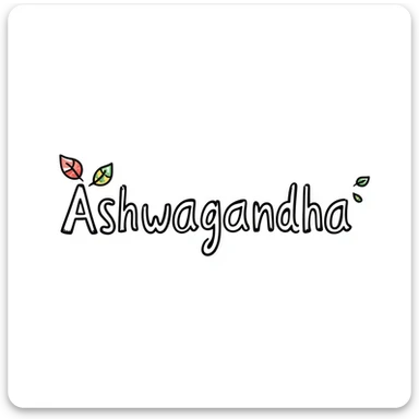 The word "Ashwagandha" hand-drawn in white text with a dark background and just a few colorful accents. Simple doodle style with minimal decoration. sticker