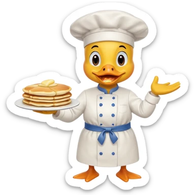 A chef duck wearing a tiny apron, flipping pancakes confidently. sticker
