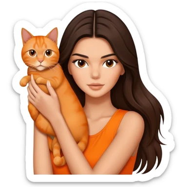brunette Kendall Jenner with long hair holding on the hands Orange cat sticker