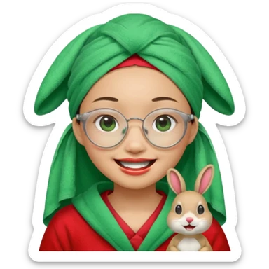 Asian woman wearing a green towel in her head with a broken glasses on her face in red pajamas her smile with rabbit front teeth and the cloth should be red sticker