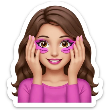 girl with long wavy brown hair, brown eyes, long lashes, makeup, sexy pink lips, light to medium complexion, wearing a pink sexy top, smiling, hands covering over the eyes sticker