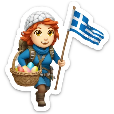 Greek Female winter mountaineer red hair white skin climbing with Greek Flag and Easter eggs basket sticker