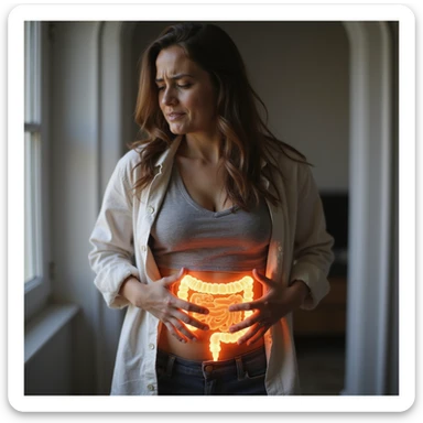 adult woman, photorealistic, on a diet for intestinal problems, standing with hands on abdomen, intestine highlighted with glow effect, discomfort expression, natural light, bedroom background sticker