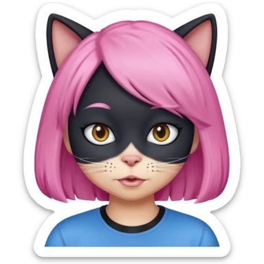 Black cat wearing a pink hair wig, blue T-shirt sticker