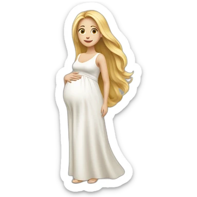 A Woman with Long blond Hair is pregnant. She wears a White dress sticker