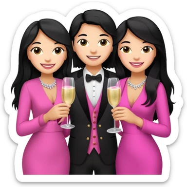 3 besties with professional glammed up looks wearing pink, medium skin tone smiling big with black long hair  sticker
