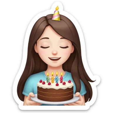 happy beautiful pale brunette girl with long eyes closed hair holding a piece of birthday cake  sticker