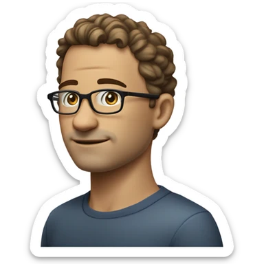 Man with short, slightly curly hair (very short on the sides with some curl on top). Blue eyes, good looking, but slightly large / strong nose and slightly large ears. Medium small, rectangular rimless glasses sticker