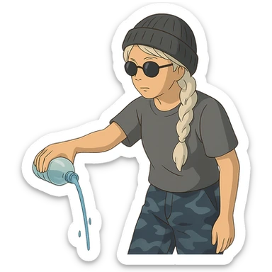 1 female, long white braid, knit cap, dark sunglasses, GRAY T-SHIRT, blue camo pants, gazing slightly down, POURING OUT A WATER BOTTLE on the ground sticker