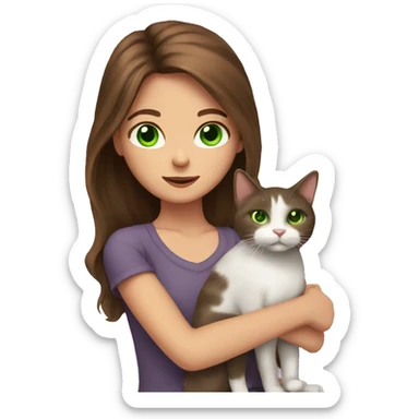 Girl with long brown hair and green eyes holding a cat sticker