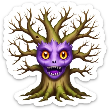 An ancient, psychic tree evolves by absorbing the essence of fallen autumn spirits, sprouting a radiant, maple-crowned face that channels both forest wisdom and fiery seasonal magic through its gnarled. Purple eyes, sharp teeth sticker