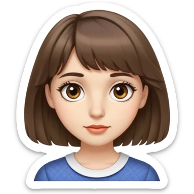 A girl with short brown wavy hair, layered bangs on the sides, my eyebrows are straight, my eyes are a little drawn out and a little big, my eyelashes are a little long, my eyes are brown, my nose is normal and my mouth is normal. I want her to wear a short skirt.  sticker