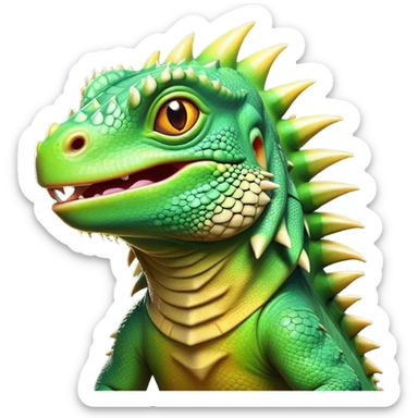 Cinematic Comical Iguana Portrait Emoji, Head tilted dramatically with an exaggeratedly shocked expression, featuring a robust, textured body with a quirky, spiky crest and wide, comically expressive eyes full of playful disbelief, Simplified yet hilariously expressive features, highly detailed, glowing with a slightly sassy jungle glow, high shine, dramatic yet playful, stylized with an air of quirky reptilian mischief, soft glowing outline, capturing the essence of a meme-worthy iguana that looks ready to side-eye its way into viral fame! sticker