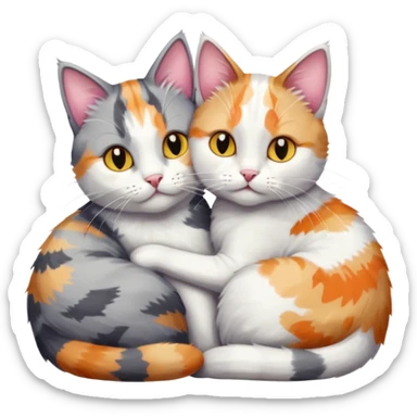grey and white cat cuddling a colourful light patched calico + white tabby cat sticker