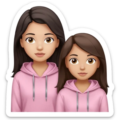 A pretty girl with light skin and long straight black brown hair, wearing a very light pink basic hoodie with brown eyes and makeup and a round face with another girl who is taller with an oval face, tan skin and very wavy brown hair, and a light pink basic shirt sticker