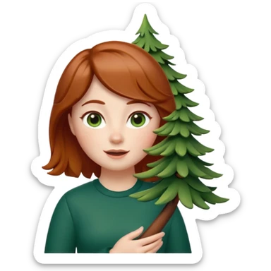 Style memoji iphone. Un petit sapin vert sylvestre, féminin, regard malicieux, tâches de rousseurs délicates, joues roses. Yeux de biche brillants en forme amande, yeux couleur ambre, tronc couleur acajou. Sapin en mouvement, incurvé pour un effet vivant. sticker