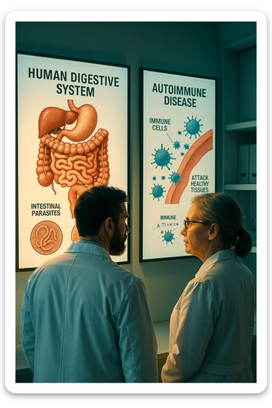 In italiano Realistic, detailed photo taken from behind of two doctors—a bearded man and a middle-aged woman—standing side by side in a modern medical office, intently studying a large, illuminated medical chart on the wall. The chart displays a detailed diagram of the human digestive system, highlighting the intestines and showing microscopic images of intestinal parasites. Next to it, another chart illustrates the immune system attacking healthy tissues, visually connecting gut parasites to autoimmune disease mechanisms. The room is bathed in a single green-blue color, with a warm, yellow-orange light casting soft shadows around the doctors. Both wear white coats and have serious, focused expressions, suggesting a deep discussion about the root causes of autoimmune conditions. Shot with a Canon EOS R5, with high detail, natural depth of field, and a clinical yet dramatic atmosphere. sticker