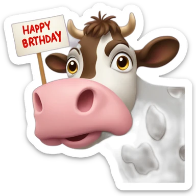 cow holding a sign that has “Happy Birthday Priya” sticker