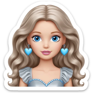 There are grey hearts all around Barbie girl Chestnut long wavy hair and blue eyes is In pale silver clothes sticker