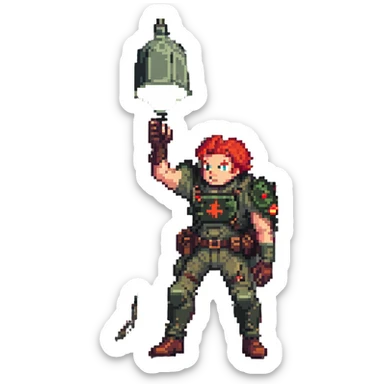 a SNES box art image of a man in military gear disarming a IED inside of a toolshed, dramatic single overhead lamp, he has red hair and a face like retro doomguy sticker