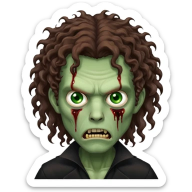 long curly haired male zombie with brown hair color and green eye color, with dark vampire clothes and angry face emotion sticker