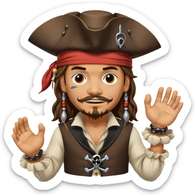 jack sparrow from the film pirates of the caribbean, shooo-ing the stone-crab.
- jack is sideways, mimicing to the left
 sticker