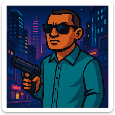 Change background to a vibrant night city, keep GTA character with gun in foreground. Maintain the original style and details of the character while updating the background to a vibrant night cityscape. sticker