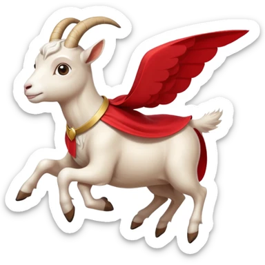 side view of white female goat wearing a read cape like superman sticker
