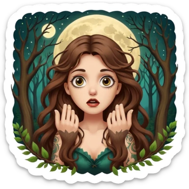 shocked forest mystic woman long wavy brown hair tattoos wide eyes moon glow sticker