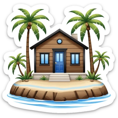 A full square no roof  white and blue stripe house horizontally with brown wooden door on a island with palm trees  sticker