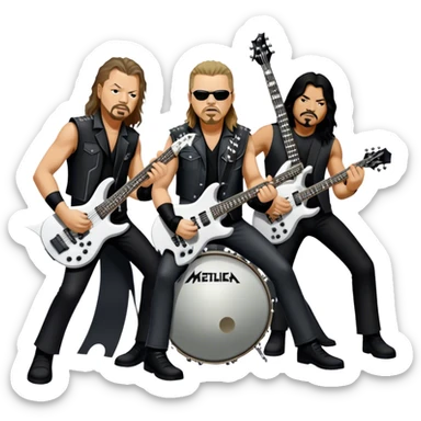 Icon for Metal Music: Metallica band members detailed in their signature look. James Hetfield with guitar, Lars Ulrich on drums, Kirk Hammett with his electric guitar, and Robert Trujillo playing bass. Bold, energetic style with musical notes, all in a heavy metal aesthetic. Transparent background. sticker