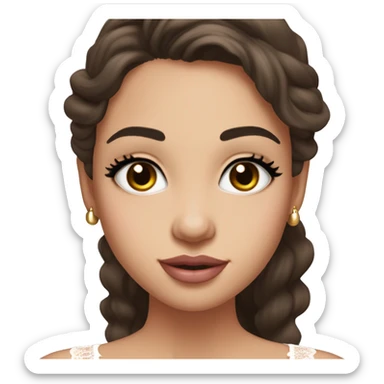 fair-skinned girl with black, slim shaped eyes and long lashes. long, dark brown hair styled in a wavy blowout. wearing a delicate white lace tank top and a dainty gold necklace, plump light pink lips. sticker