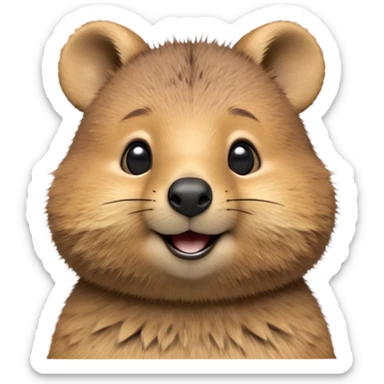 cinematic-realistic quokka-emoji,-small-round-frame, head tilted in an endearing manner, comical smile, round cheeks, giant-fluffy-cheeks-large-smile-fluffy-brown-fur-radiating-a-warm-softness,-big-round-eyes-filled-with-joy, realisticround  fluffy zoomed in, large black eyes sticker
