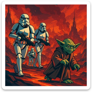 vector art of a Starwars stormtroopers is walking on lava planet with yoda, battleground background

 sticker